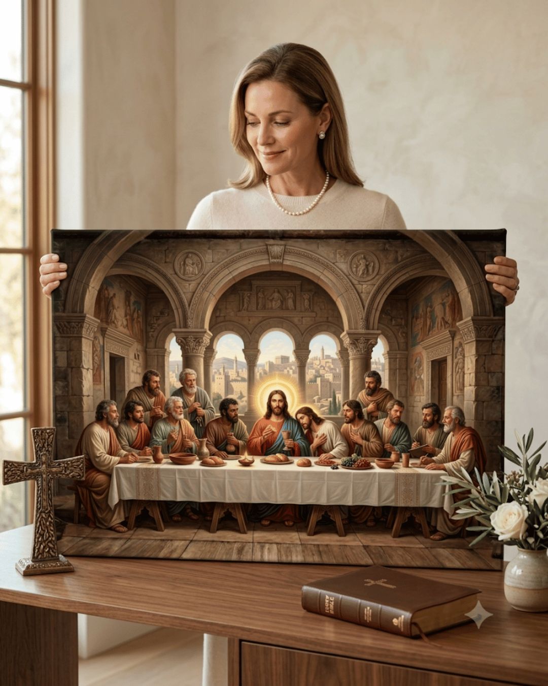 Quadro Santa Ceia Edição Templo — arcos sagrados e halo dourado